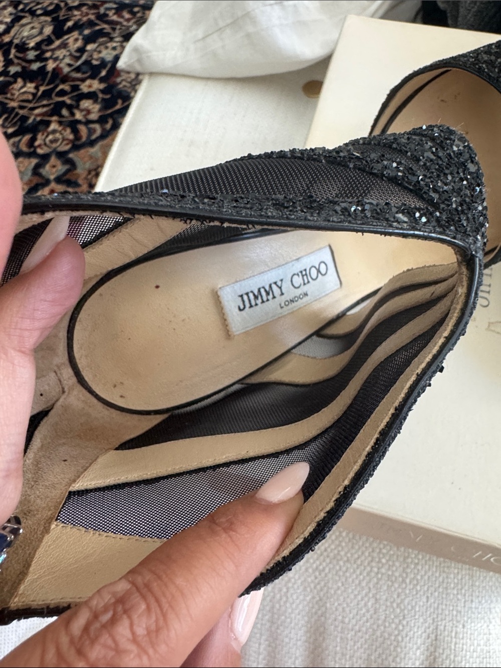 Jimmy Choo Black Glitter Mesh Ankle-Heel Sandals - Picture 3 of 6